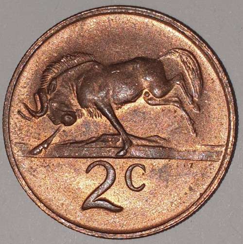 1970 - 2 CENT COIN (TWO CENT COIN) - RSA - BRONZE - KM#83 - BILINGUAL LEGEND - WILDEBEEST